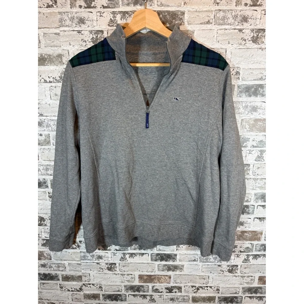 Vineyard Vines Quarter Zip Pullover Mens Large Gray Plaid Shoulder